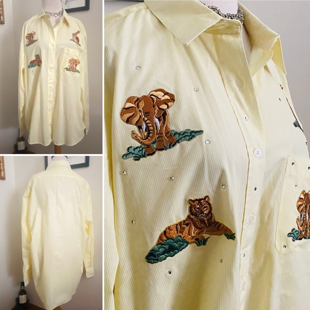 Vintage LAS OLAS yellow/white pinstriped button down shirt with 🐅🐘🦁🦒